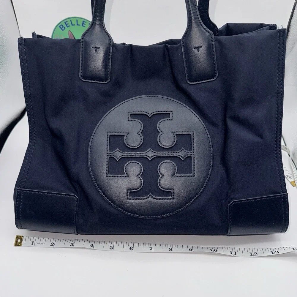 Tory Burch Ella Tote Navy Nylon Small‎ Bag Largo Logo Patch Double Handle